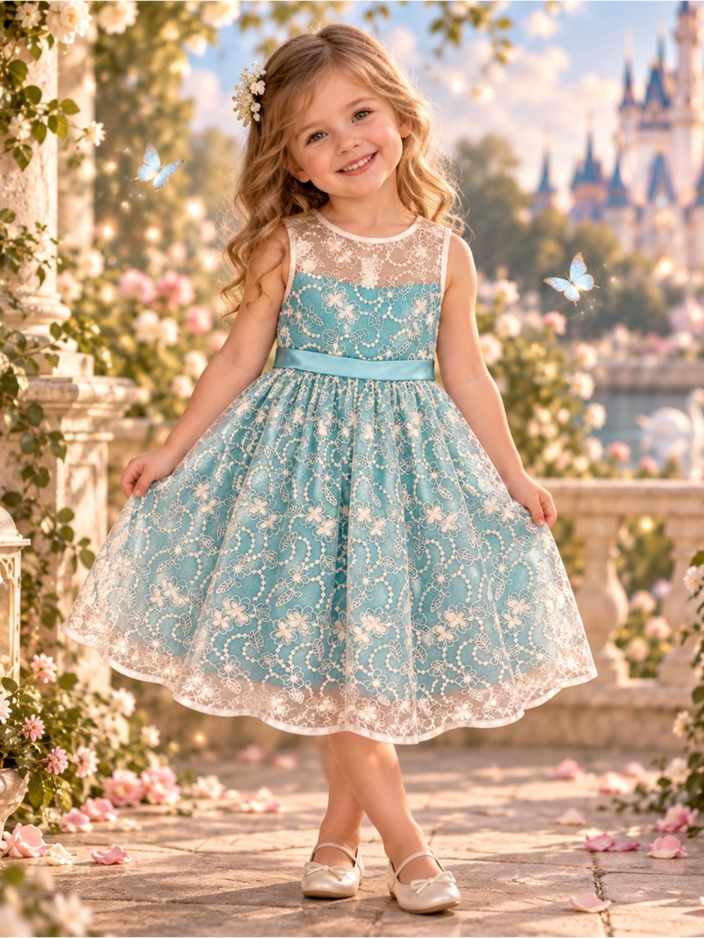 Kids Dream Girls 7 Aqua Blue White Lace Floral Party Dress